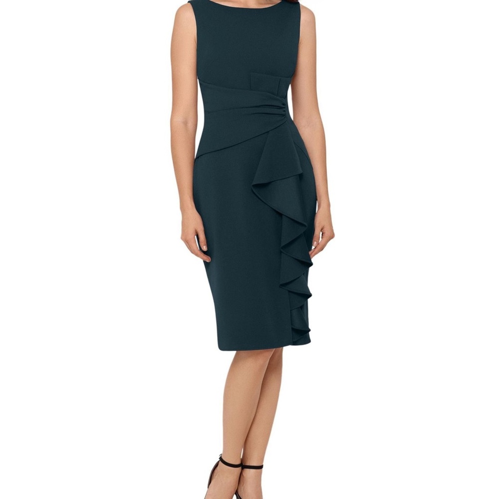 Betsy & Adam Dark Teal Ruffle Midi Dress